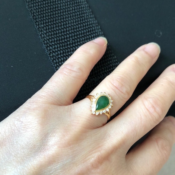 14K Solid Gold Small Teardrop CZ Jade Ring - Picture 3 of 3